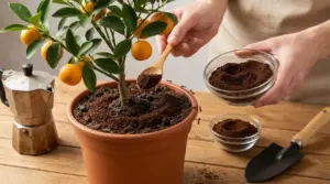 Mani che spargono fondi di caffè nel terriccio di un vaso con pianta di agrumi sul tavolo