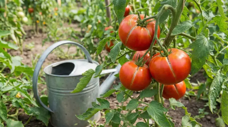 Pomodori maturi con spaccature sulla pianta nell’orto, con annaffiatoio in metallo sullo sfondo