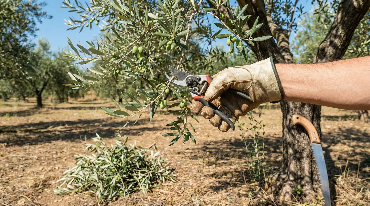 Mano con guanto che pota un ramo di ulivo con forbici da potatura in un oliveto, con olive verdi