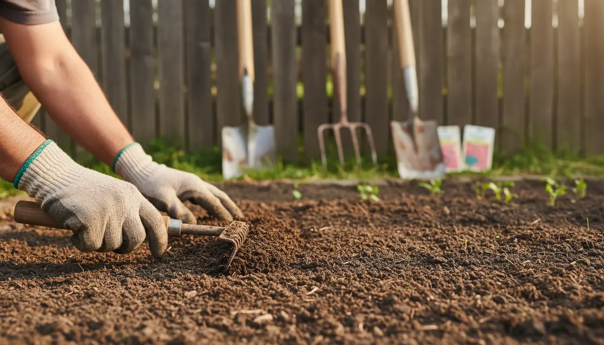 Mani con guanti che rastrellano e livellano il terreno dell’orto prima della semina, con attrezzi da giardino sullo sfondo