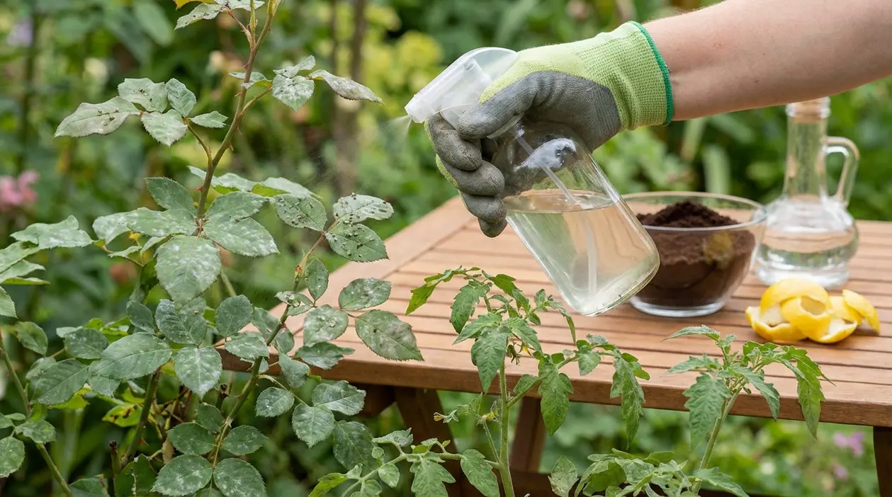 Mano con guanto spruzza una soluzione naturale su piante in giardino per combattere parassiti e funghi