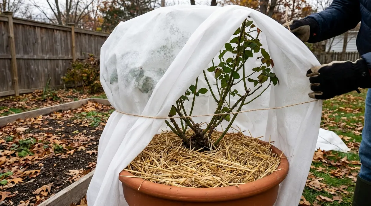 Rosa in vaso protetta dal freddo con tessuto non tessuto e pacciamatura di paglia in giardino