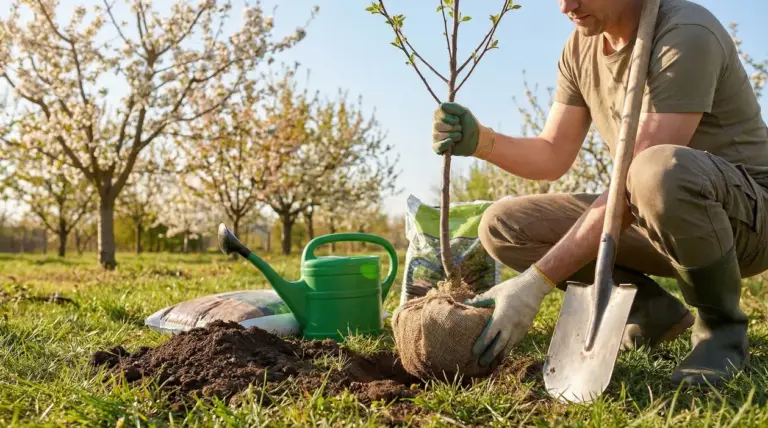 Persona che pianta una giovane pianta da frutto in giardino con pala e annaffiatoio, in un frutteto in fiore