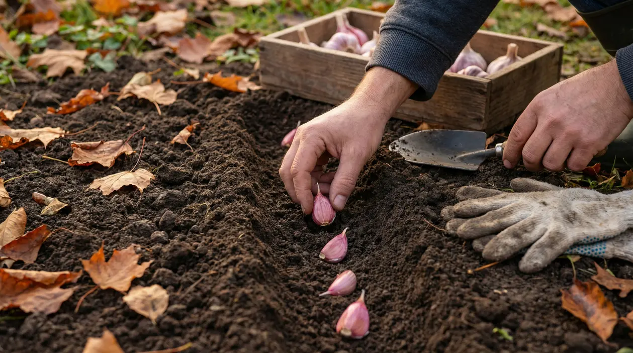 Mani che piantano spicchi d’aglio nel solco dell’orto, con paletta e cassetta di bulbi sullo sfondo