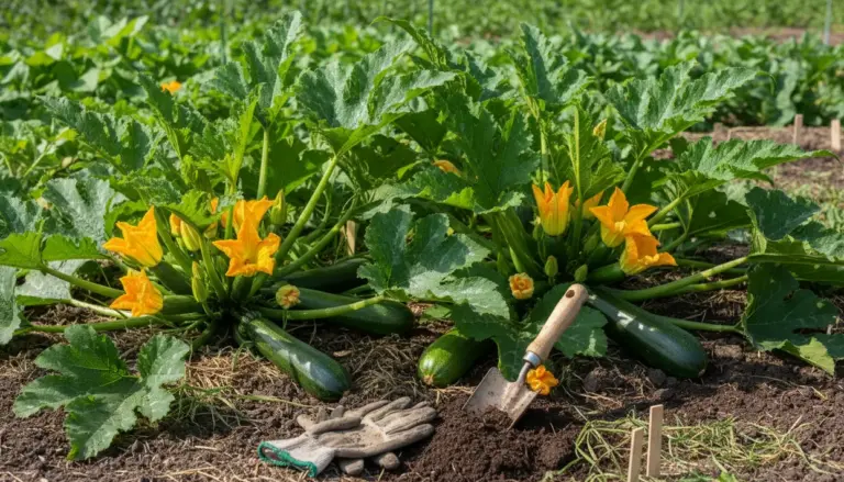 Piante di zucchine nell’orto con fiori gialli e frutti maturi, con guanti e paletta da giardinaggio sul terreno