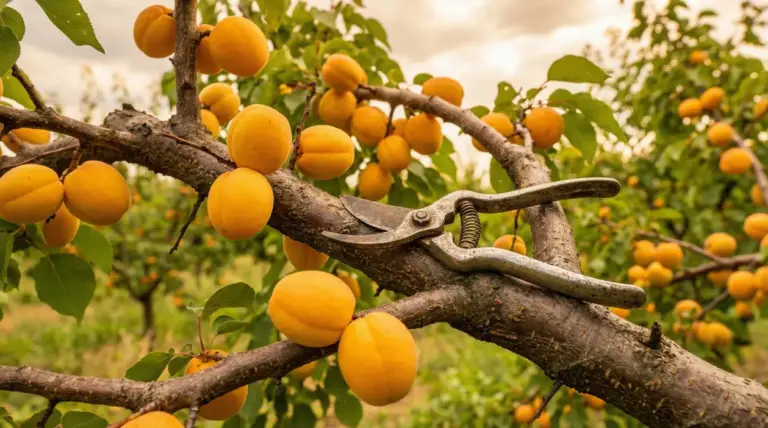 Forbici da potatura su un ramo di albicocco carico di albicocche mature in frutteto