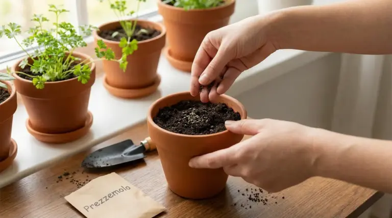 Mani che seminano prezzemolo in un vaso di terracotta sul davanzale, con altre piantine in vaso sullo sfondo