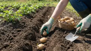 Persona con guanti che semina patate germogliate in un solco dell’orto, con cesto di tuberi e paletta da giardinaggio