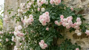 Rosa rampicante con grappoli di fiori rosa chiaro su un muro in pietra, ideale per un giardino sempre in fiore