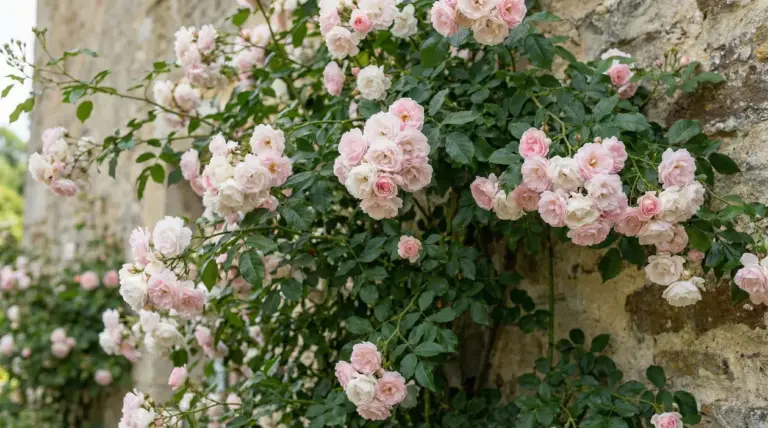 Rosa rampicante con grappoli di fiori rosa chiaro su un muro in pietra, ideale per un giardino sempre in fiore