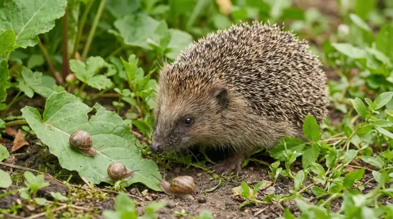 Riccio in giardino vicino a lumache tra foglie verdi, alleato naturale contro le lumache