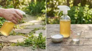 Spray con diserbante naturale su erbacce tra le pietre e ingredienti per la miscela su un tavolo in legno
