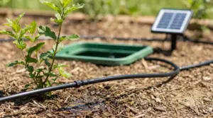 Impianto di irrigazione a goccia con centralina e piccolo pannello solare in giardino, vicino a una giovane pianta