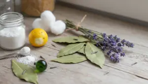 Rimedi naturali contro i pesciolini d’argento: lavanda, foglie di alloro, limone e bicarbonato su un tavolo