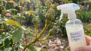 Ramo di rosa infestato da afidi vicino a uno spruzzino con rimedio naturale all’aglio in giardino