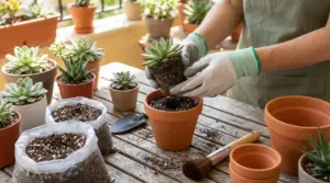 Persona con guanti rinvasa una pianta grassa in un vaso di terracotta su un tavolo con terriccio e attrezzi