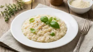 Risotto cremoso servito in piatto bianco con basilico fresco e pepe nero su tavolo di legno