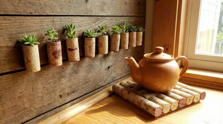Tappi di sughero riutilizzati come mini vasi per succulente e sottopentola sotto una teiera su un davanzale