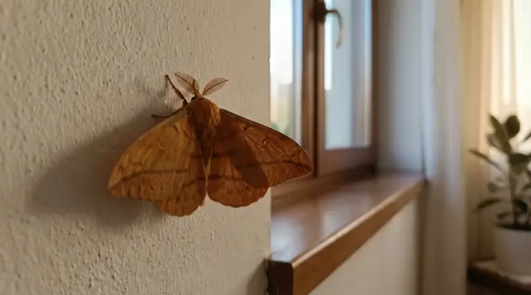 Falena marrone posata su una parete interna vicino a una finestra, con luce naturale sullo sfondo