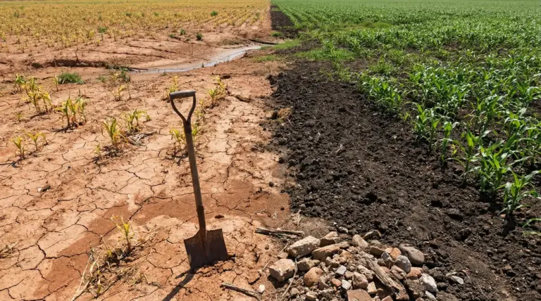 Campo con terreno arido e screpolato accanto a suolo scuro e fertile con piantine verdi; una pala conficcata nel terreno