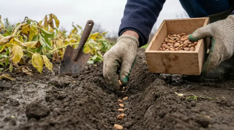 Mani con guanti che seminano fave in un solco dell’orto, con cassetta di semi e paletta sullo sfondo