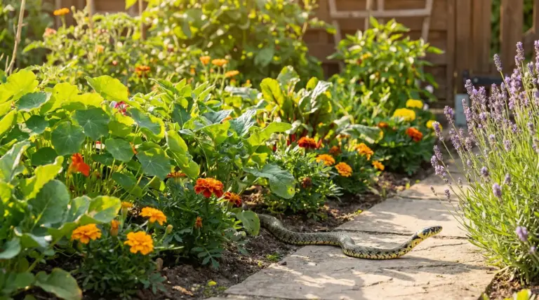 Serpente su un vialetto di pietra in giardino, tra fiori colorati e piante aromatiche