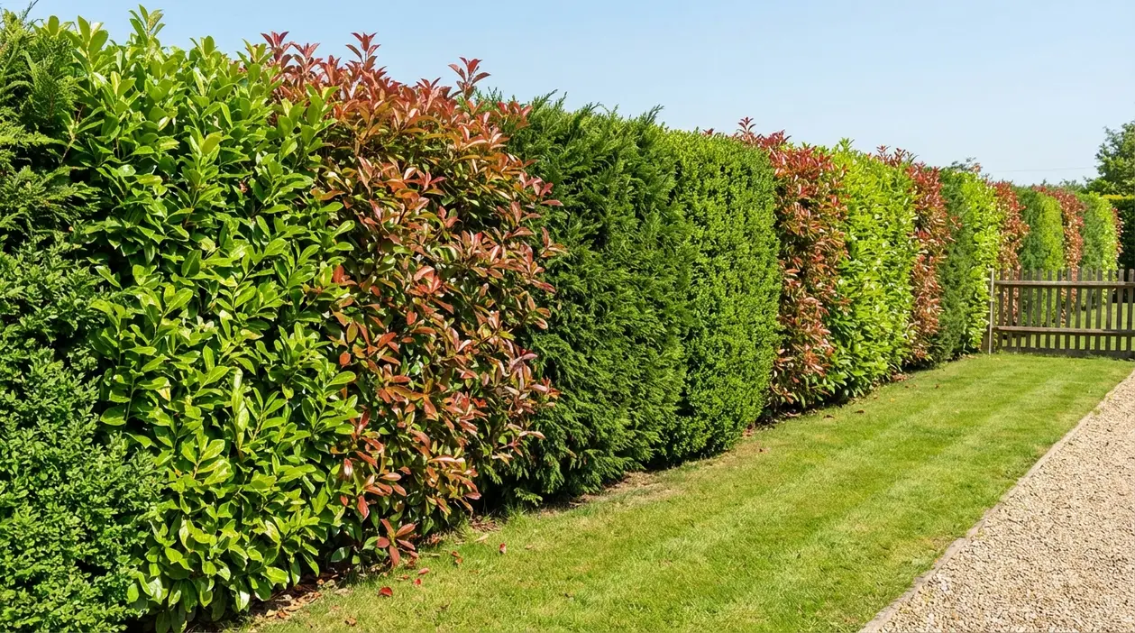 Siepe sempreverde mista in giardino con arbusti verdi e rossi lungo un prato, ideale per privacy e schermatura