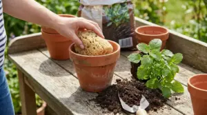 Mano che inserisce una spugna nel fondo di un vaso di terracotta durante il rinvaso, con terriccio e piantina sul tavolo