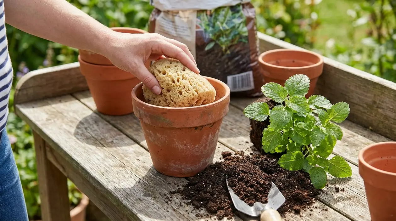 Mano che inserisce una spugna nel fondo di un vaso di terracotta durante il rinvaso, con terriccio e piantina sul tavolo