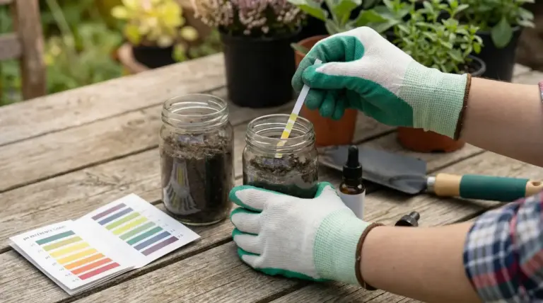 Test pH del terreno fai da te con strisce indicatrici in un barattolo di terra e tabella colori su tavolo da giardino