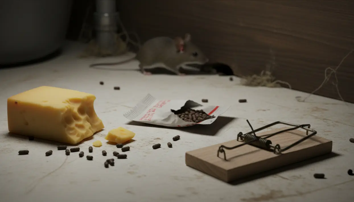 Topo in un angolo della casa vicino a esche, formaggio e una trappola per topi sul pavimento