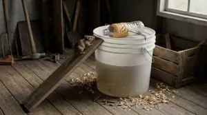 Trappola fai da te per topi con secchio e bottiglia esca, con un topo su una rampa di legno in garage