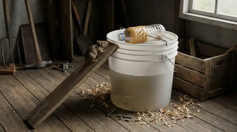 Trappola fai da te per topi con secchio e bottiglia esca, con un topo su una rampa di legno in garage