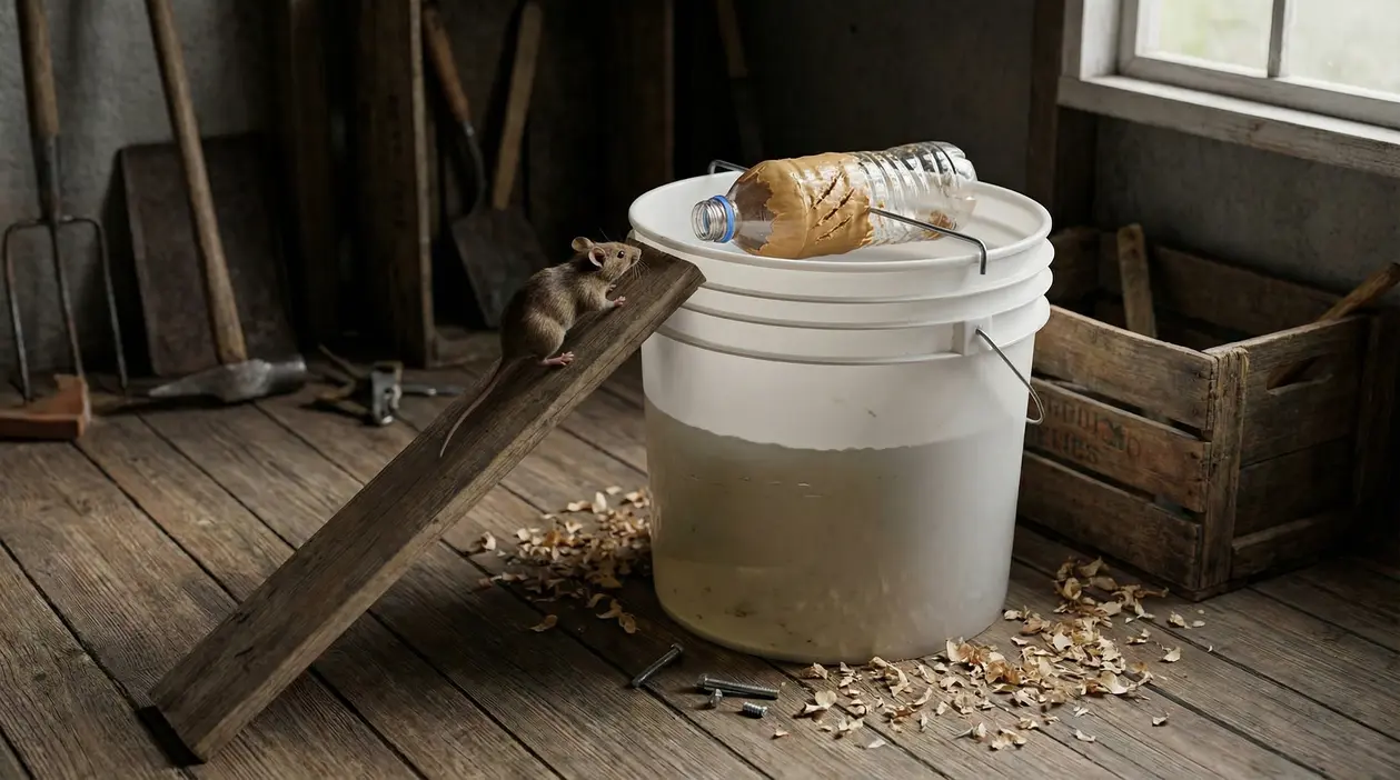 Trappola fai da te per topi con secchio e bottiglia esca, con un topo su una rampa di legno in garage