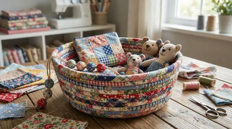 Cestino in patchwork fatto con avanzi di tessuto, con pupazzi e astuccio, su un tavolo da cucito con forbici e fili