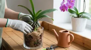 Mani con guanti rinvasano un’orchidea in vaso di vetro con corteccia, su tavolo vicino a finestra