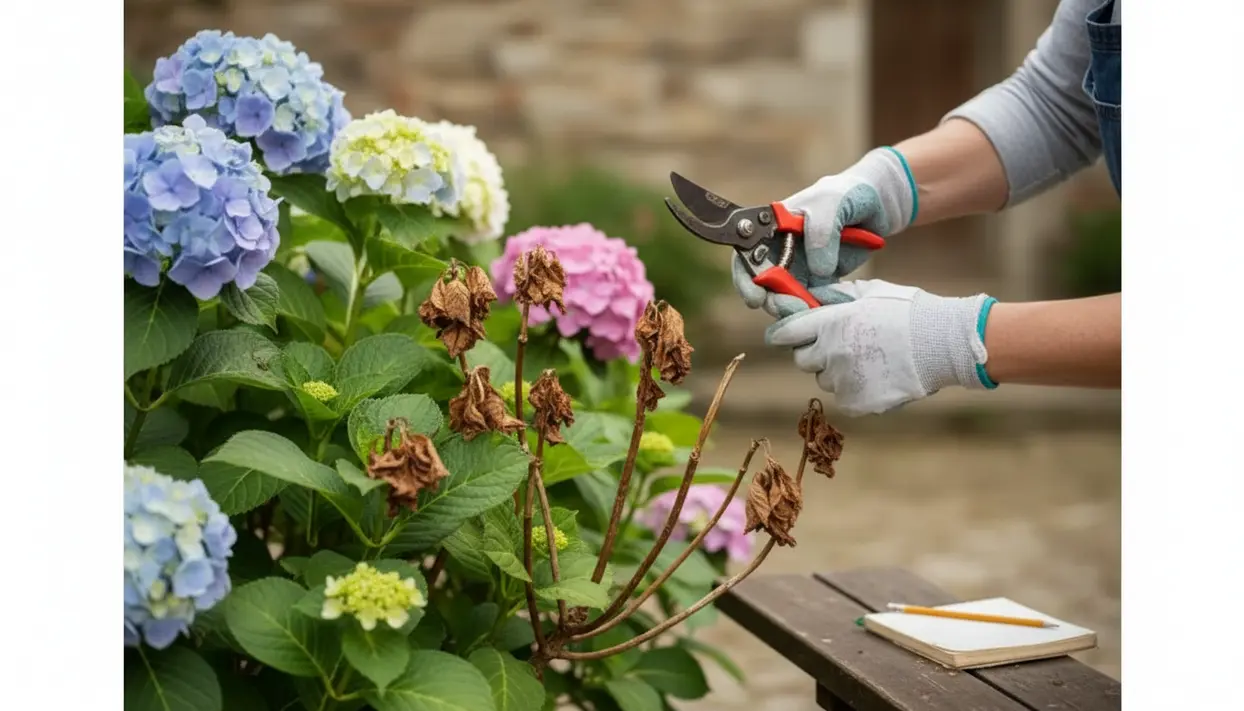 Mani con guanti e cesoie che potano ortensie, tagliando i fiori secchi accanto a infiorescenze colorate in giardino