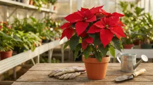 Stella di Natale in vaso su tavolo in serra, con annaffiatoio, guanti e paletta da giardinaggio