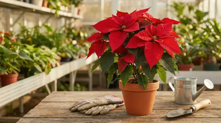 Stella di Natale in vaso su tavolo in serra, con annaffiatoio, guanti e paletta da giardinaggio