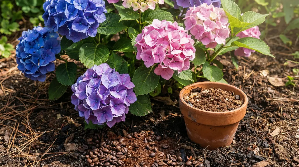 Ortensie rosa, blu e viola in giardino con un vasetto di terracotta e fondi di caffè sul terreno