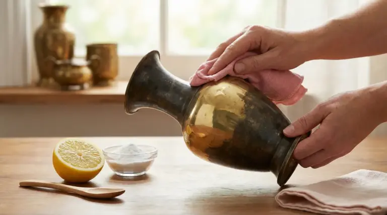 Mani che lucidano un vaso in ottone ossidato con un panno, accanto a mezzo limone e una ciotola di bicarbonato