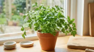 Pianta di prezzemolo in vaso di terracotta sul davanzale della cucina, illuminata dalla luce naturale