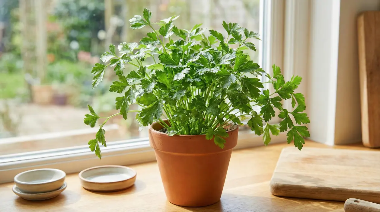 Pianta di prezzemolo in vaso di terracotta sul davanzale della cucina, illuminata dalla luce naturale