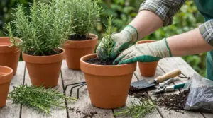 Mani con guanti trapiantano una piantina di rosmarino in un vaso di terracotta su un tavolo da giardinaggio