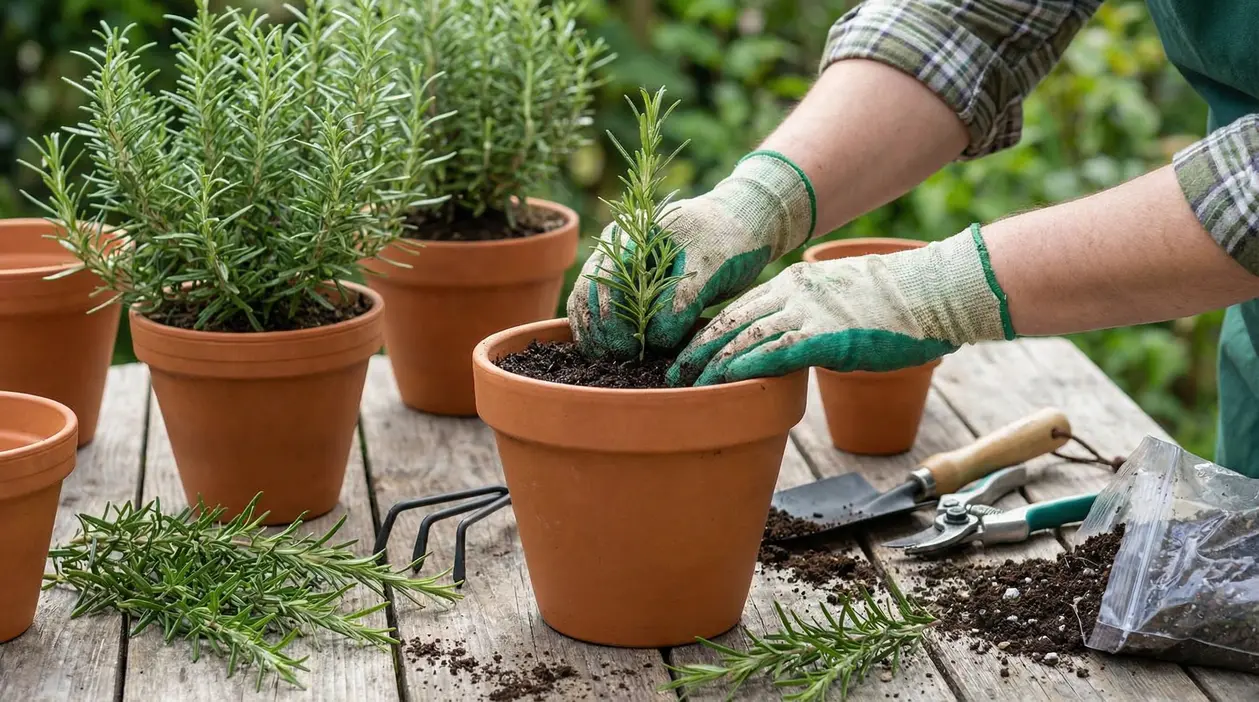 Mani con guanti trapiantano una piantina di rosmarino in un vaso di terracotta su un tavolo da giardinaggio