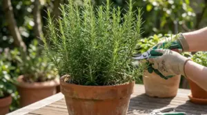 Potatura del rosmarino in vaso con cesoie da giardino e guanti, su un tavolo all’aperto