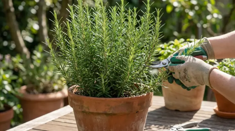 Potatura del rosmarino in vaso con cesoie da giardino e guanti, su un tavolo all’aperto
