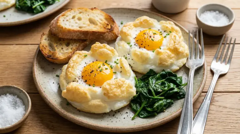 Uova alla Jova in stile nuvola con tuorlo morbido, servite con spinaci saltati e fette di pane tostato