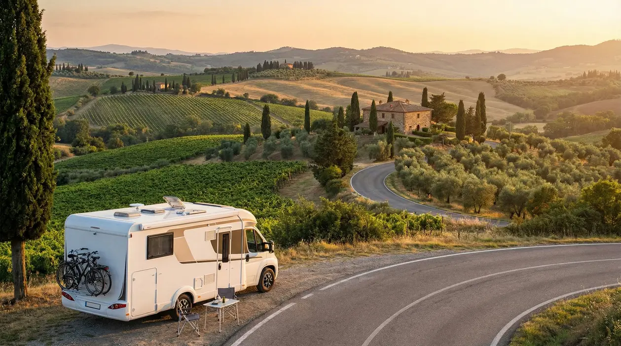 Camper parcheggiato lungo una strada panoramica tra colline e vigneti al tramonto, ideale per un viaggio in Italia