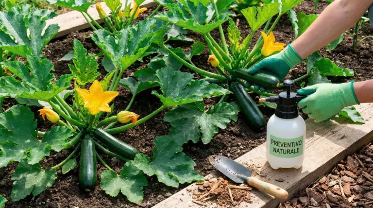 Coltivazione di zucchine in orto: mani con guanti spruzzano un trattamento preventivo sulle piante in fiore